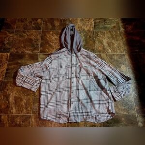 Gray and White Checkered Hooded Shirt